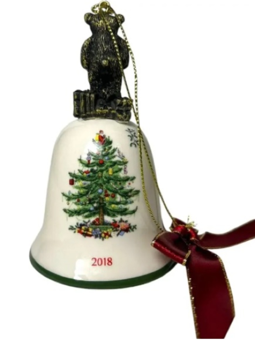 Porcelain 2018 Christmas Bell Ornament with Green Tree and Red Ribbon Accent